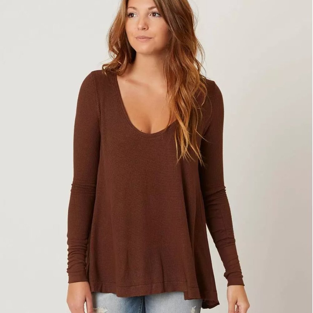 Free People Malibu Thermal Waffle Knit Tunic Top Womens Large Brown Oversized